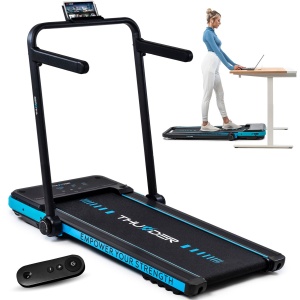 THUNDER® Loopband | IMPACT-BLUE | Opvouwbaar en Krachtig | Sneltoetsen | Veiligheidssleutel | Transportwielen | Plaats voor telefoon/tablet | Compatibel met mobiele apparaten | Bluetooth-app | Afstandsbediening | Luidsprekers | Max. 130 kg